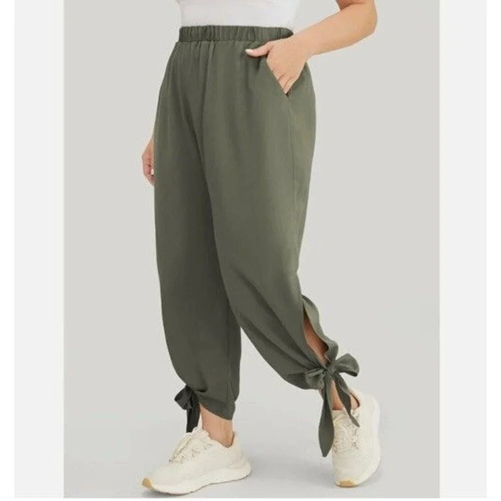 BLOOMCHIC Pants plus 2X 18 20 Green knotted split hem solid‎ pockets pull on